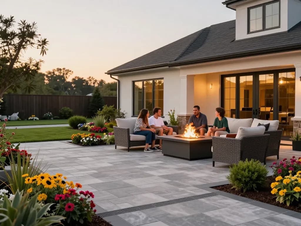 Pavers near me enhancing a cozy family outdoor space with fire pit and beautiful landscaping.
