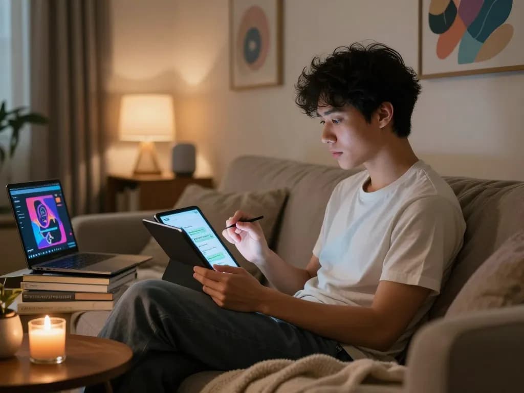 Engaging in free AI sex chat on a tablet in a cozy living room.