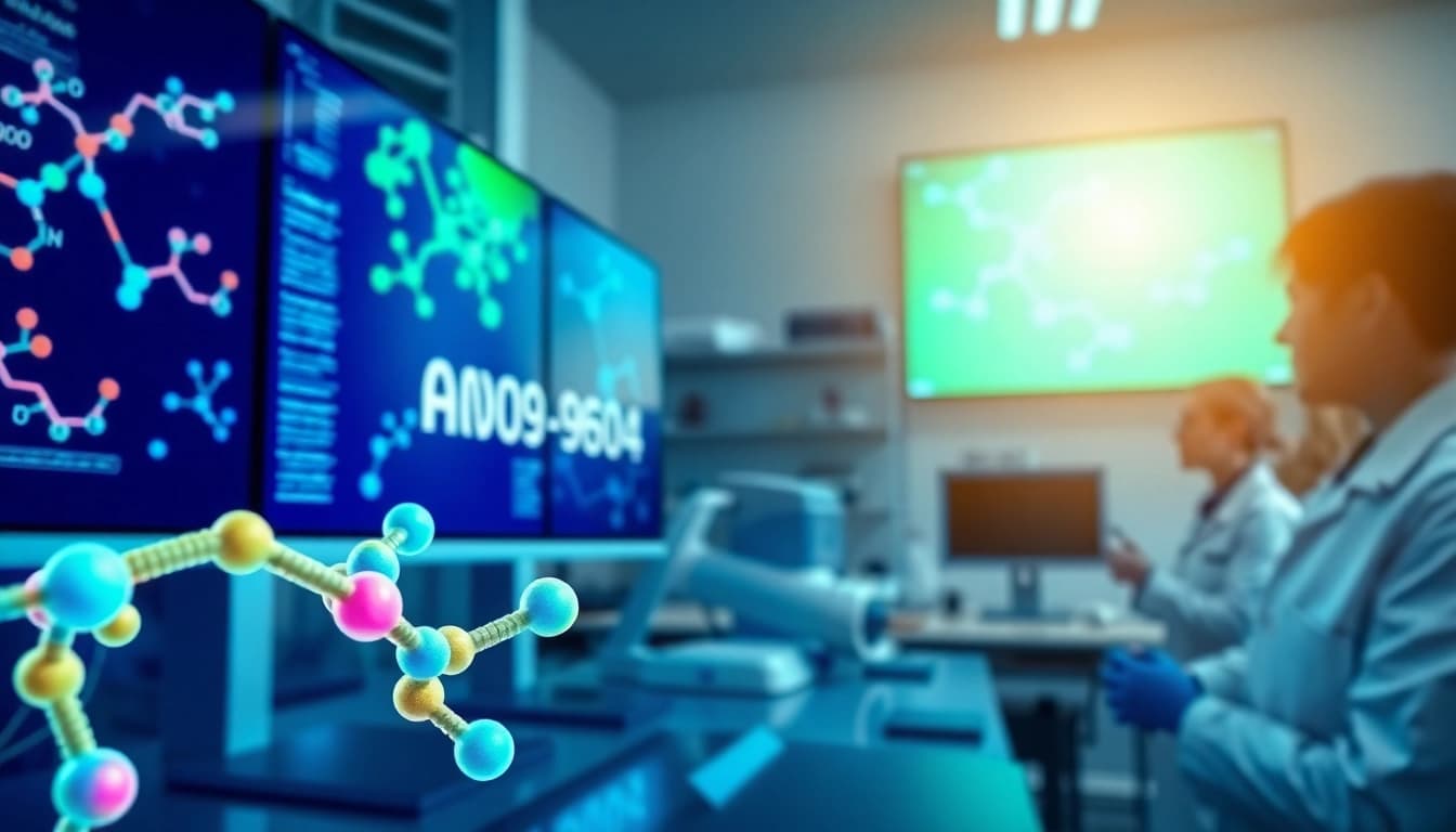 AOD-9604 molecules detailed in a vibrant lab environment, highlighting research efforts.