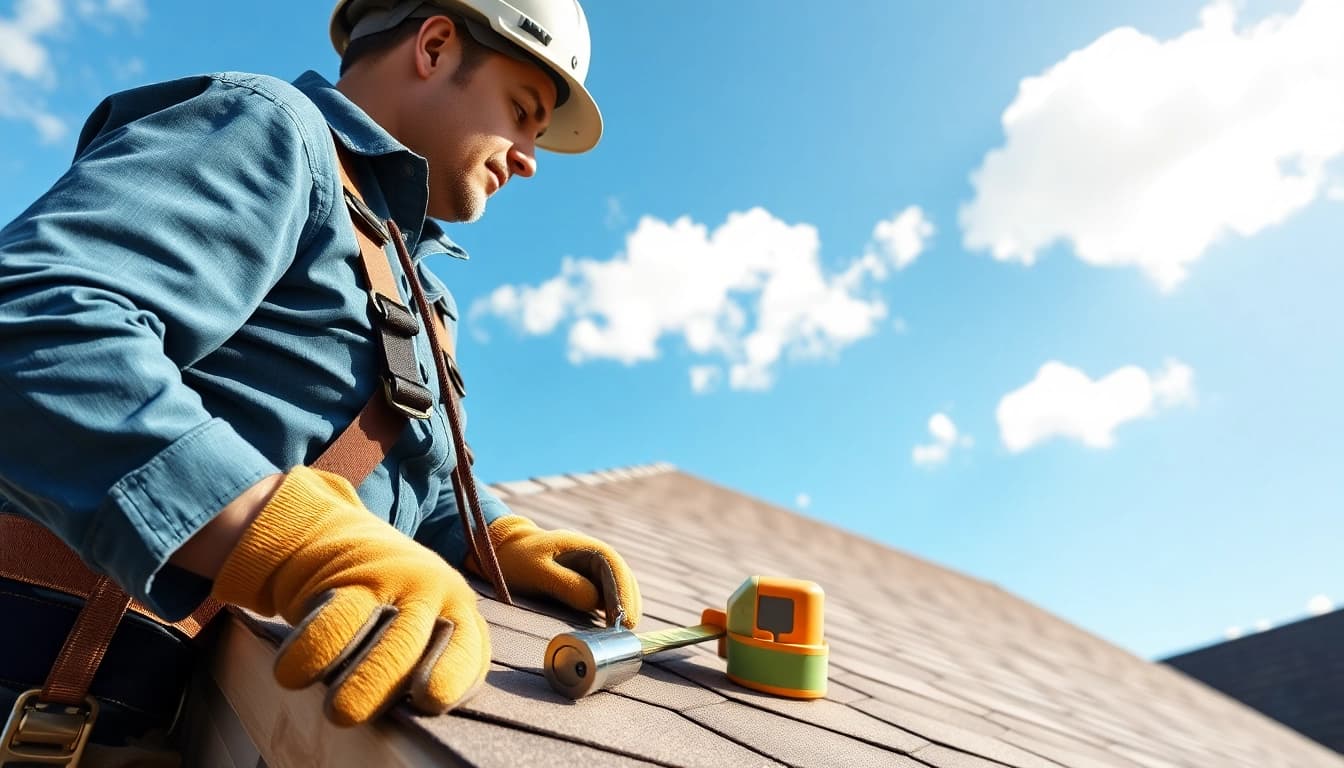 Roofing contractor installing shingles on a residential roof, showcasing quality workmanship.