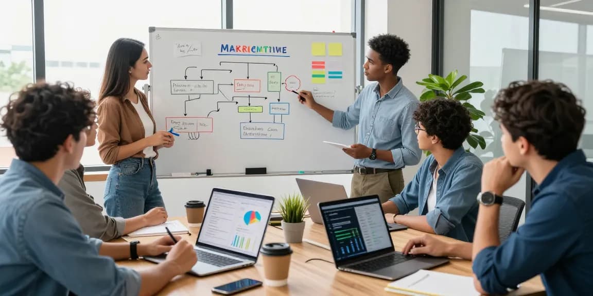 Team strategizing digital marketing campaigns at https://wwww.monkeygoals.com in a modern office.