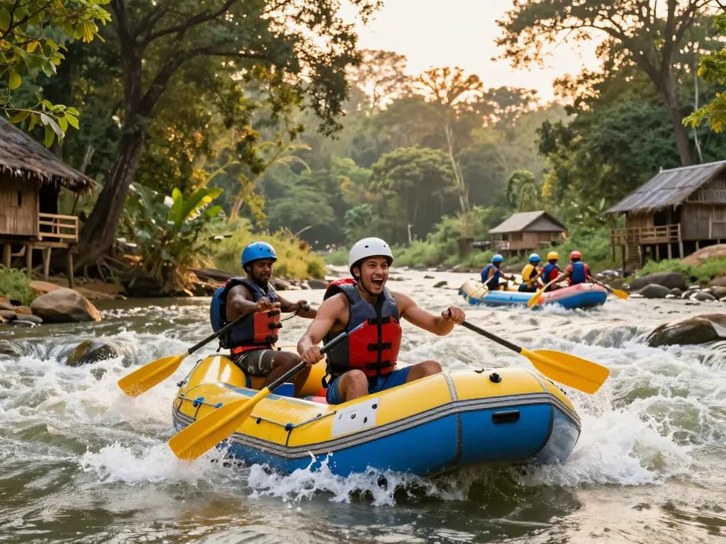 Dandeli resorts adventure with traveler rafting on Kali River amidst lush greenery and wooden huts.