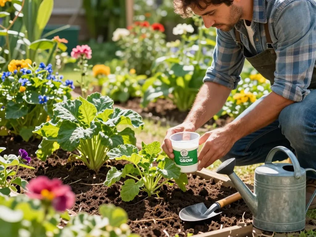 Jardinero utilizando fertilizante orgánico en un vibrante jardín al aire libre.