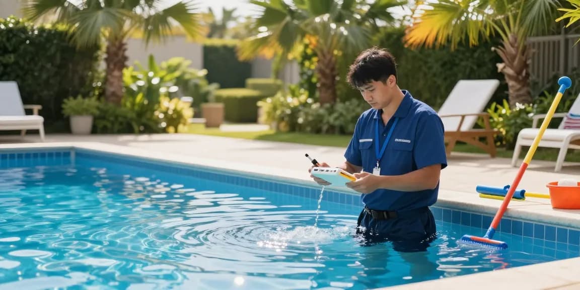 Dolphin Pool Services technician inspecting a pool with water testing kit in a sunny environment, showcasing professional pool maintenance.