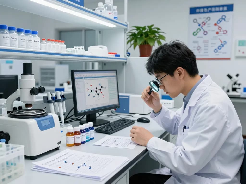 Researcher analyzing Cjc1295 ipamorelin peptides in a dynamic lab environment, surrounded by equipment and vibrant data.