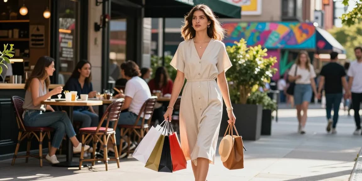 Young woman in a stylish modest dress enjoying shopping in a vibrant urban environment.