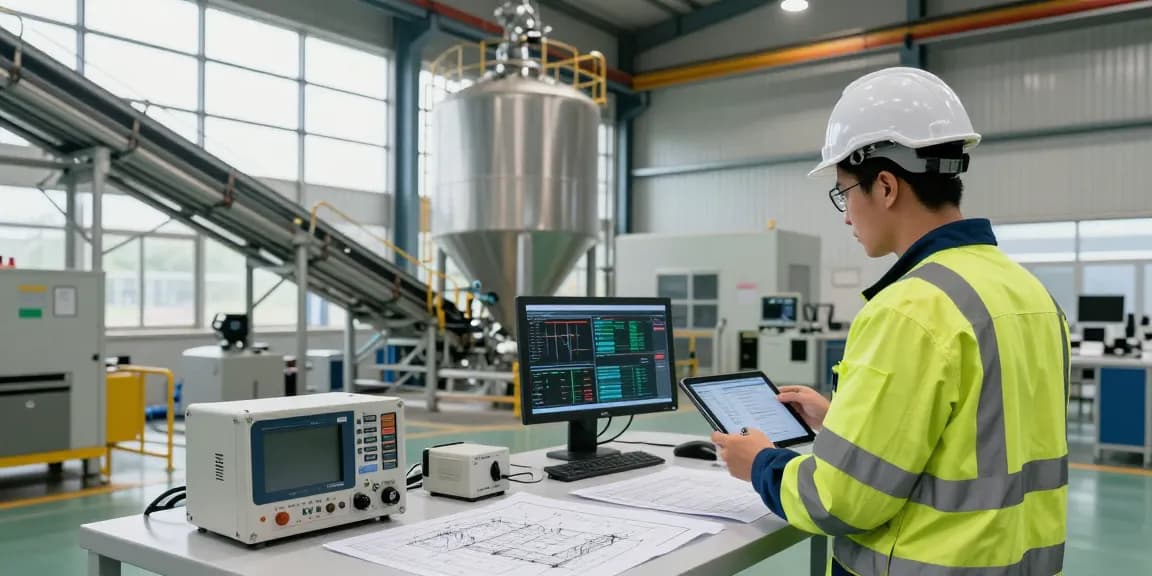 Engineer analyzing a bulk material handling system showcasing advanced engineering solutions with digital displays and conveyor designs.