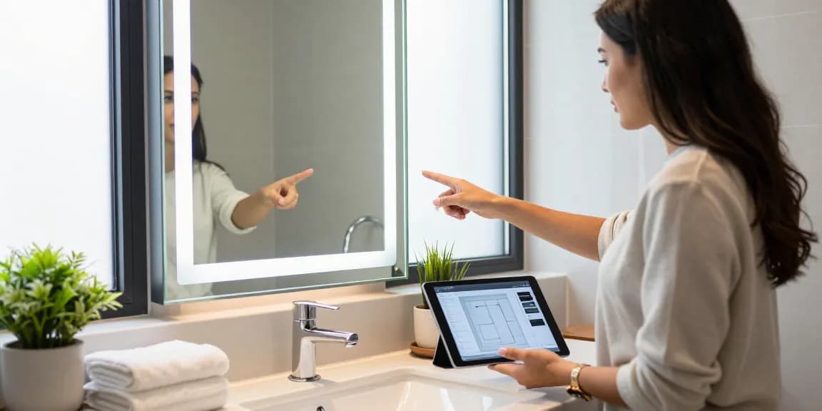 Stylish hotel bathroom mirror showcasing elegant LED design elements reflecting a modern aesthetic by a professional designer.
