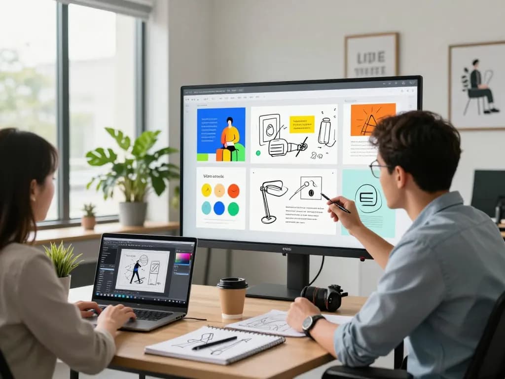 Hire web designer in a collaborative office meeting, showcasing mockups and digital sketches.