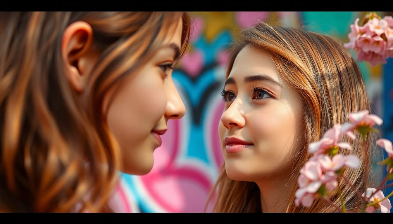 Young person expressing a crush on someone in a vibrant urban setting, highlighting emotions with soft colors.
