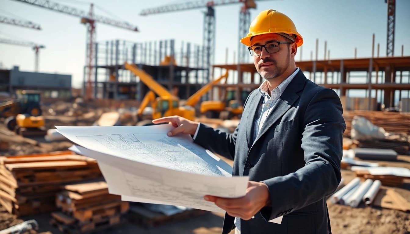 New Jersey Construction Manager discussing plans at a construction site with blueprints and machinery.