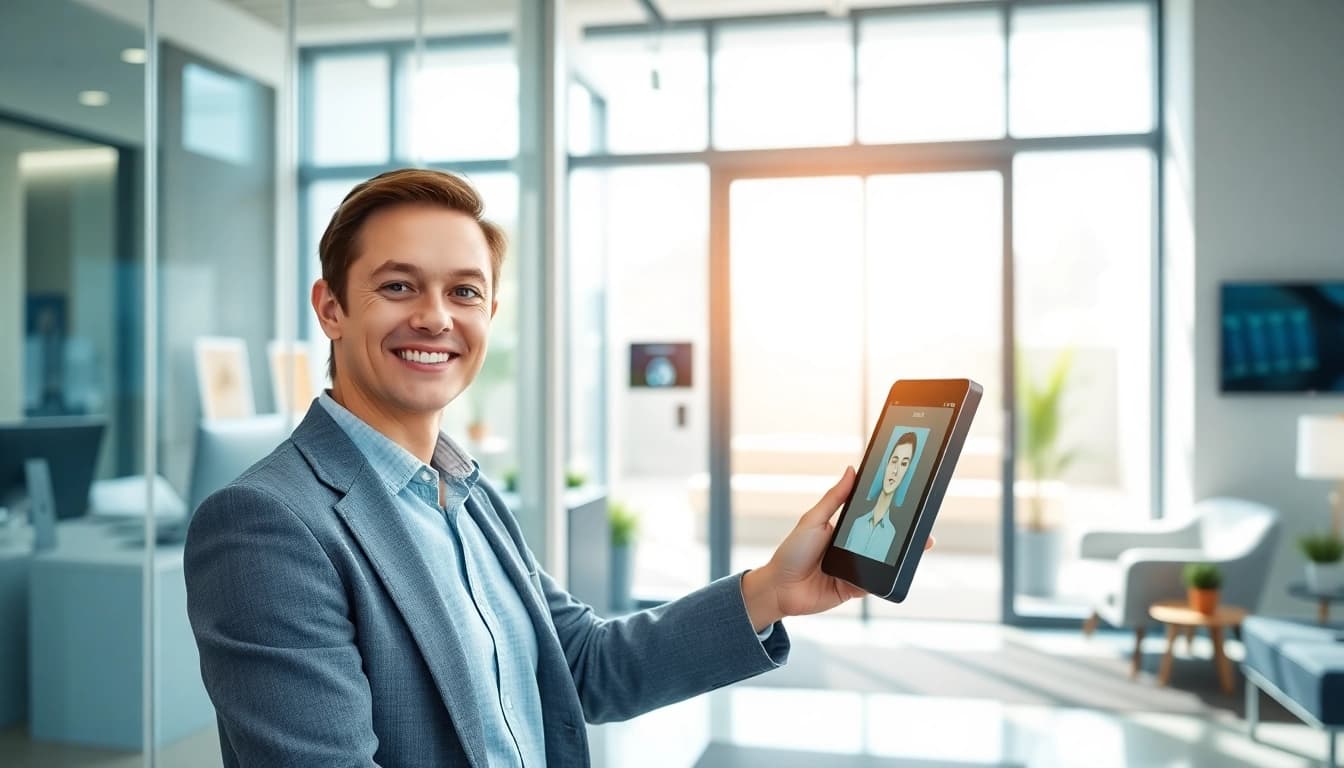 Facial recognition attendance system in a modern office entrance with smiling employee at the interface.