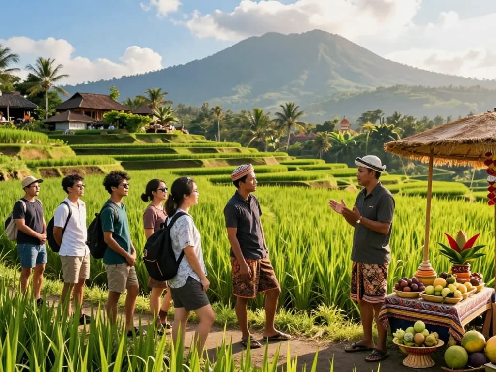 Bali tour in beautiful rice terraces with tourists enjoying cultural exploration under sunny skies