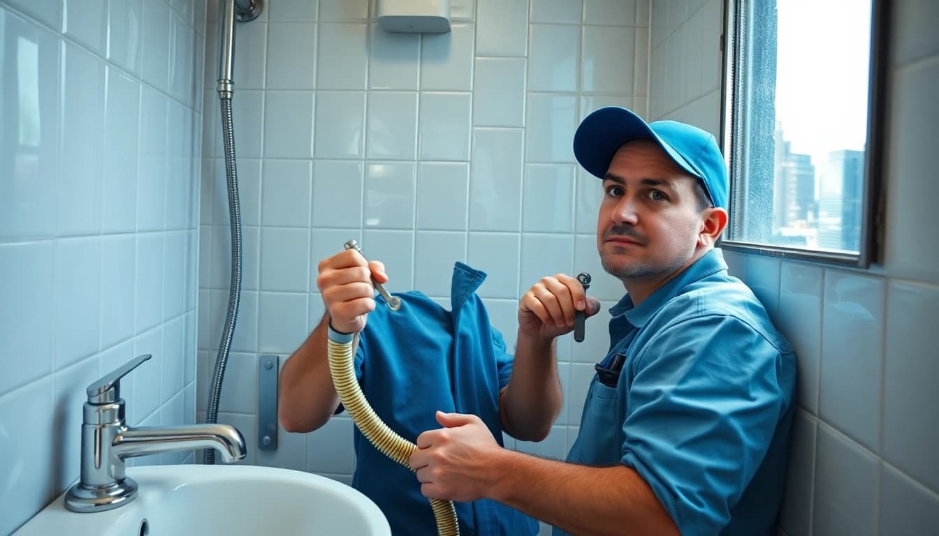 Emergency plumbing help for sewer backup showing a plumber fixing a bathroom issue in NYC.