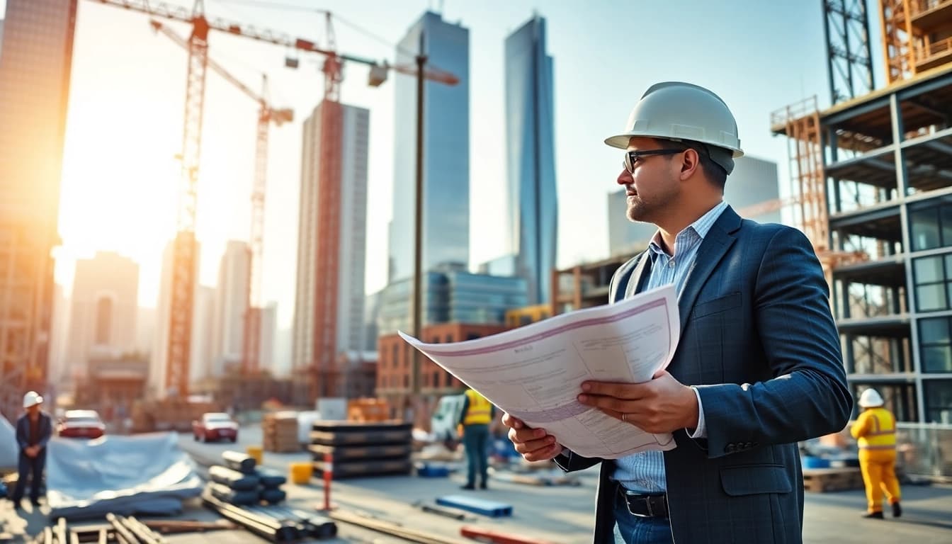 New York Construction Manager overseeing a dynamic construction site in NYC with cranes and workers.