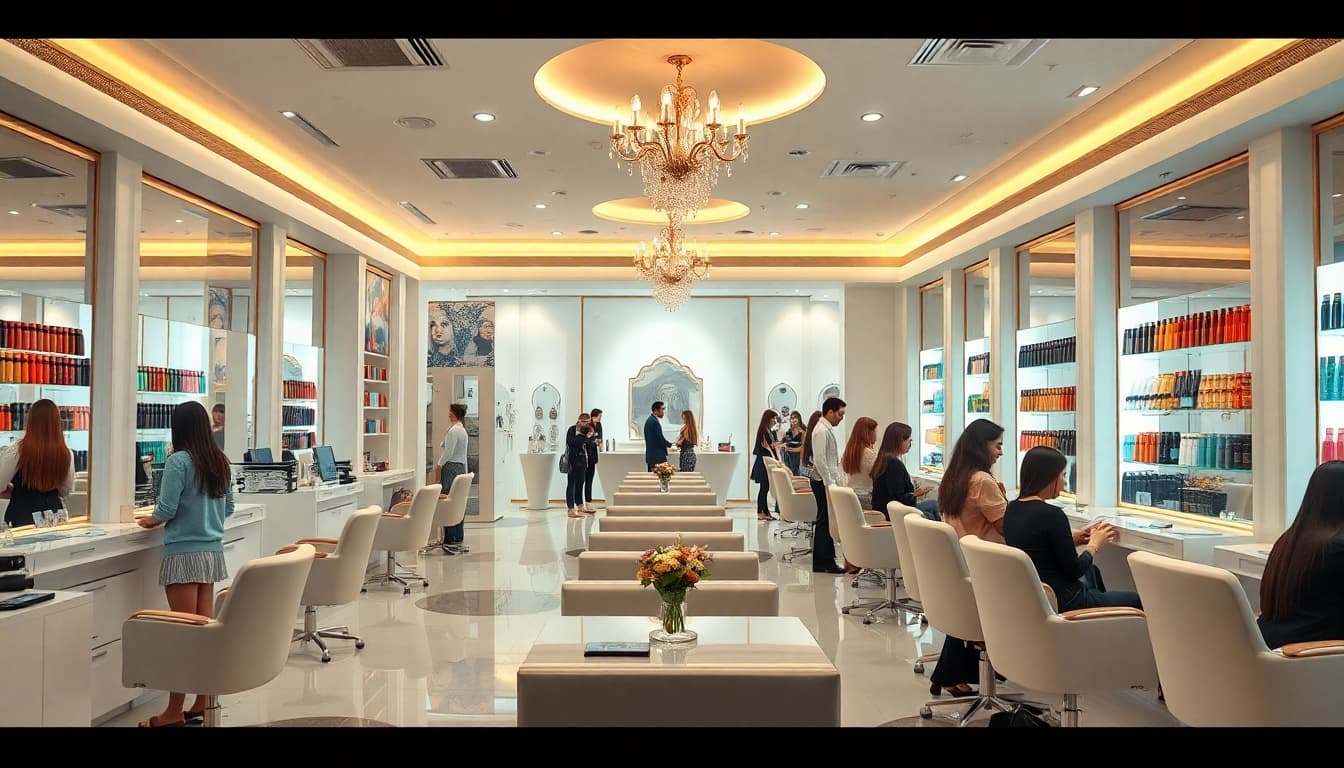 High-end hair salon Dubai ambience with professional stylists and elegant design.