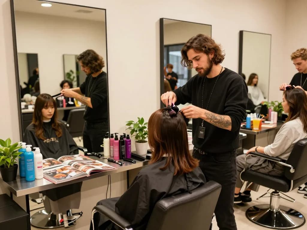 Hair salon near me: Stylist giving a trendy haircut in a vibrant, modern setting.