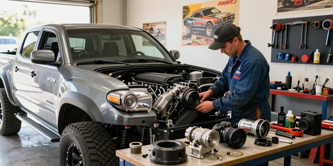 VT supercharger kit installation on Toyota Tacoma by car enthusiast in a bright garage.