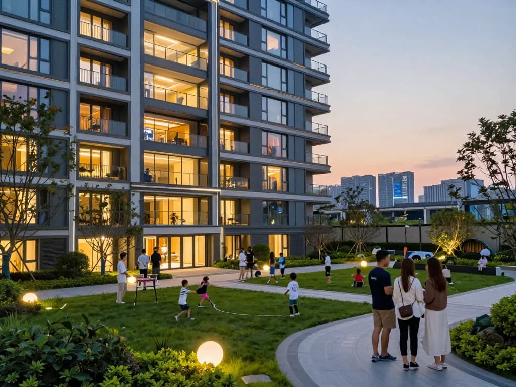 five88 modern urban apartment complex with residents engaging in community activities at twilight