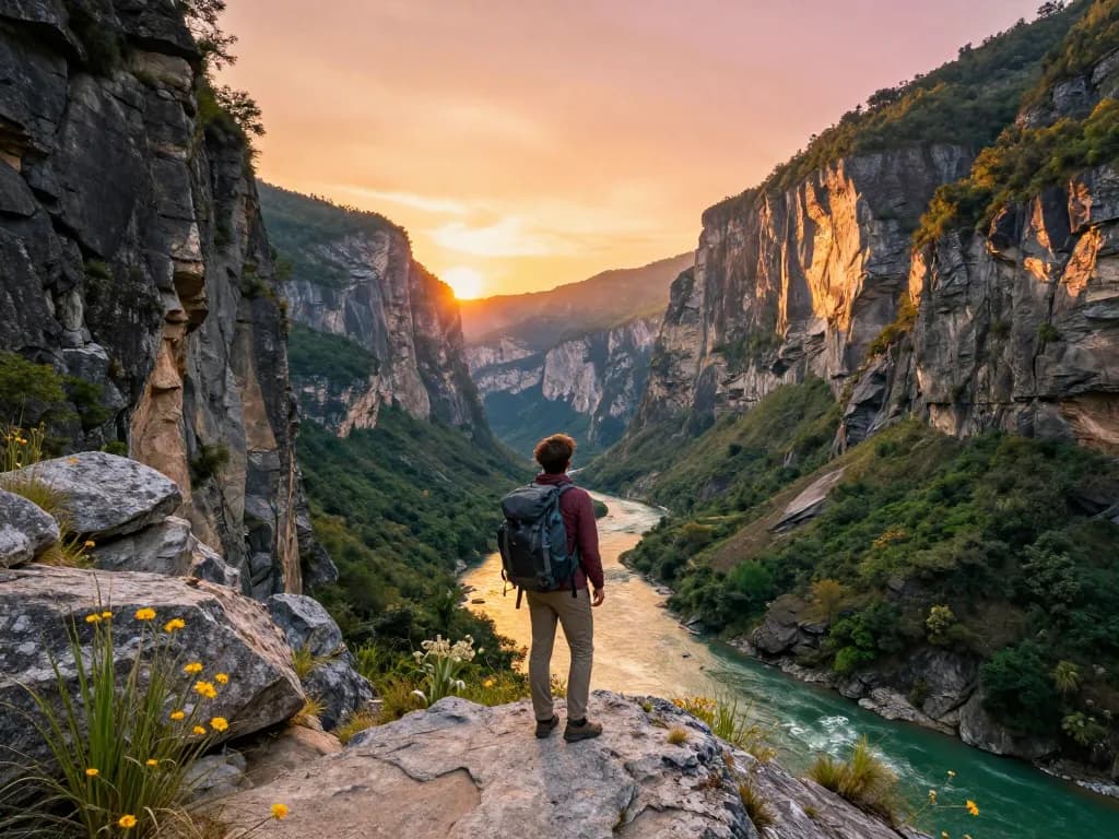 Stunning view of Taroko Gorge with a traveler absorbing the breathtaking marble cliffs and vibrant river.