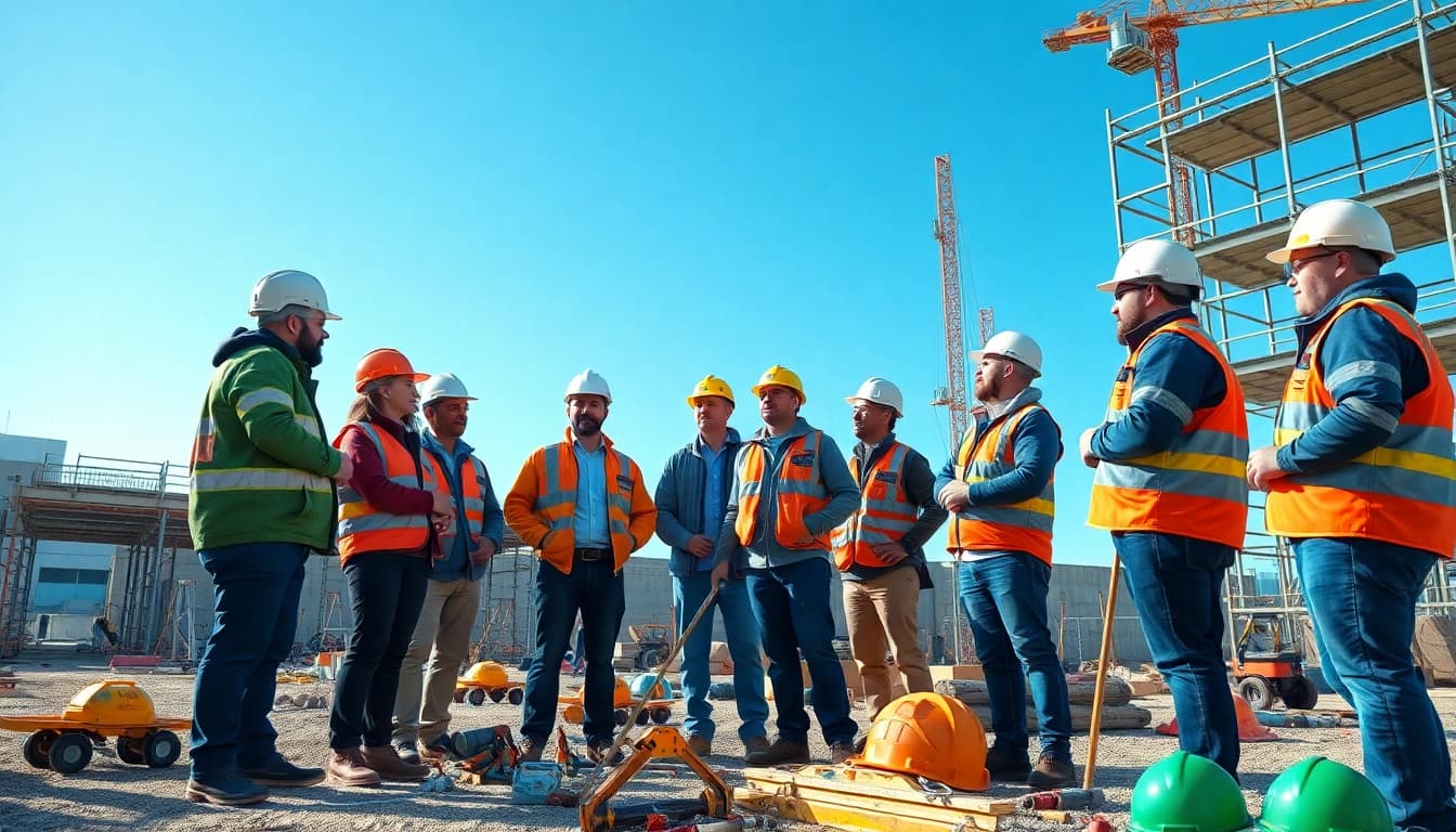Construction safety programs discussed by diverse workers during a meeting at a job site.