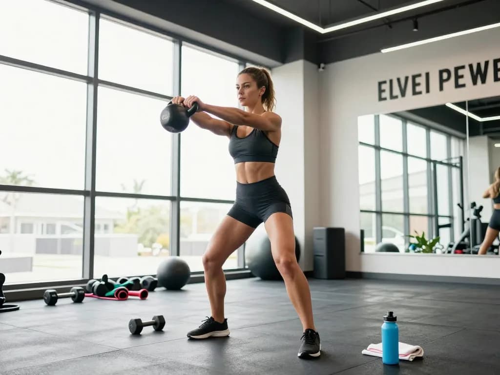 Energetic woman performing kettlebell swing as part of her preworkout routine in a vibrant gym.