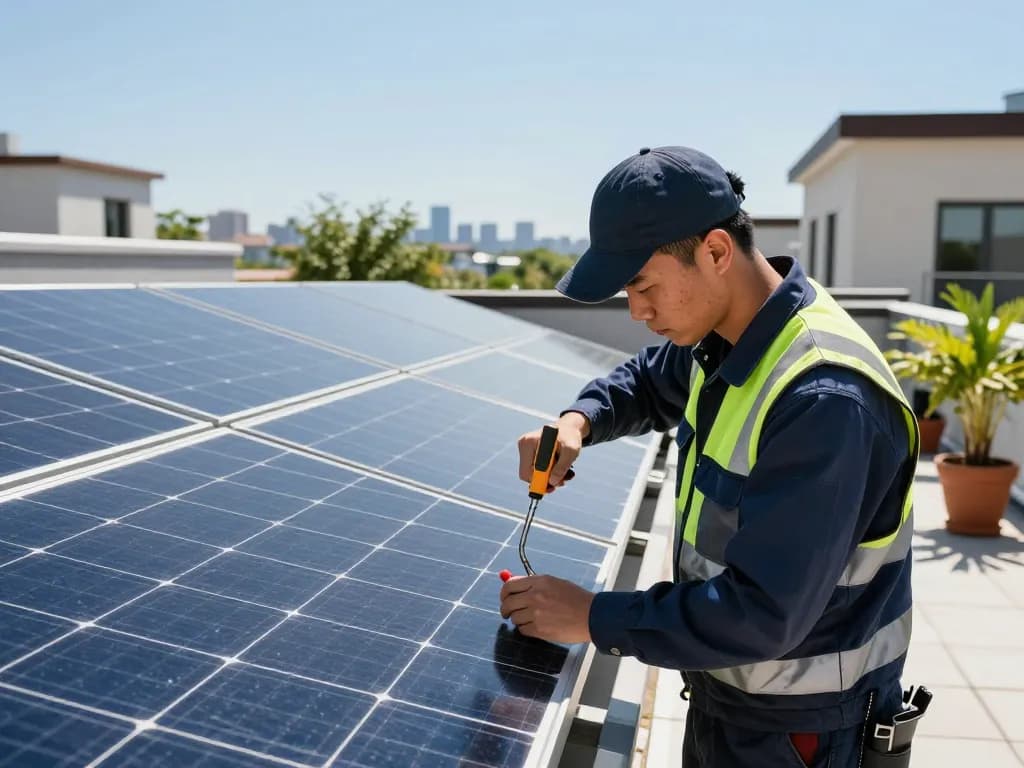 Solar panel installation depicting záruka na fotovoltaické panely with technician adjusting panels on bright rooftop.