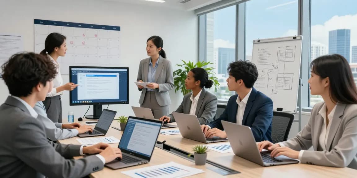 Team collaboration in a modern office showcasing the effectiveness of a service business CRM for seamless project management.