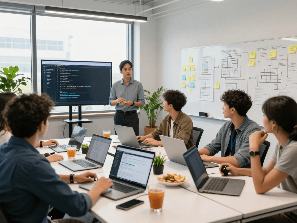 Team collaborating on API management solutions with Waygrid software in a modern workspace.