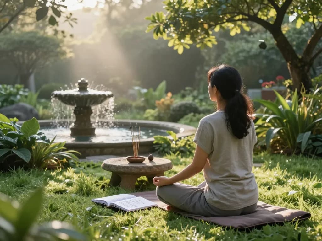 Transform negative thoughts into positive reflections in a serene meditation garden setting