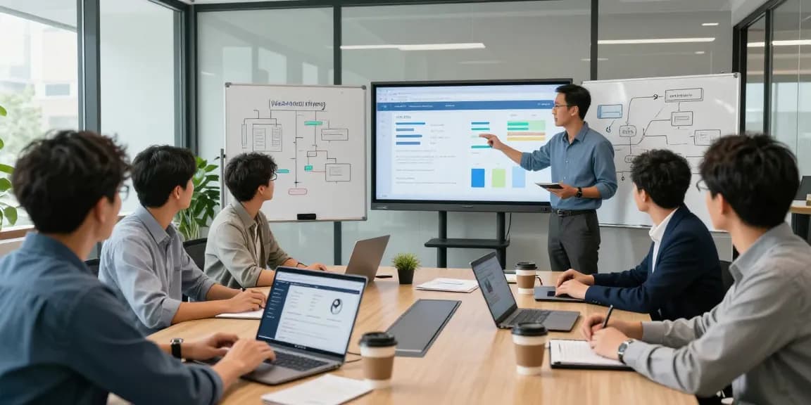 Team of IT specialists discussing web hosting Australia strategies in modern office.