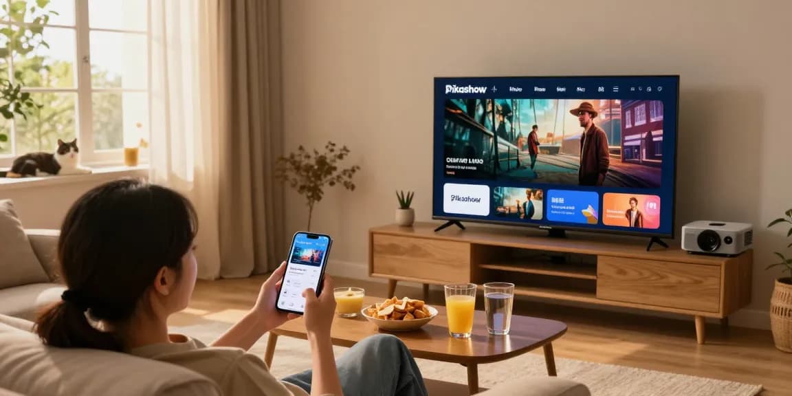 Pikashow user streaming movies in a cozy living room with snacks.