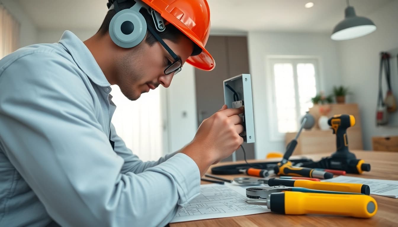 Electrician companies near me: Expert electrician installing wiring in a well-lit, modern home environment.