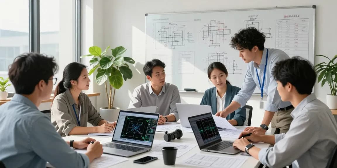 Engineering Services USA collaboration in a modern office, diverse engineers reviewing blueprints and CAD designs.