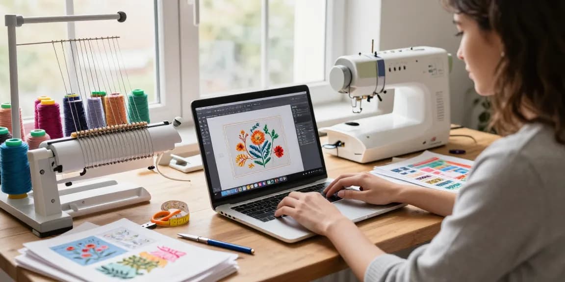 Designer using a free embroidery digitizer in a colorful crafting studio with fabric and threads.