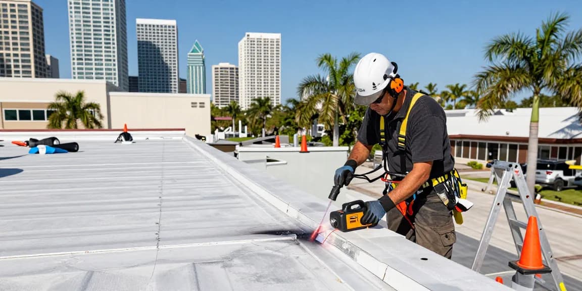 TPO roof repair in Tampa using specialized hot-air welding techniques by expert technicians, ensuring quality repairs.