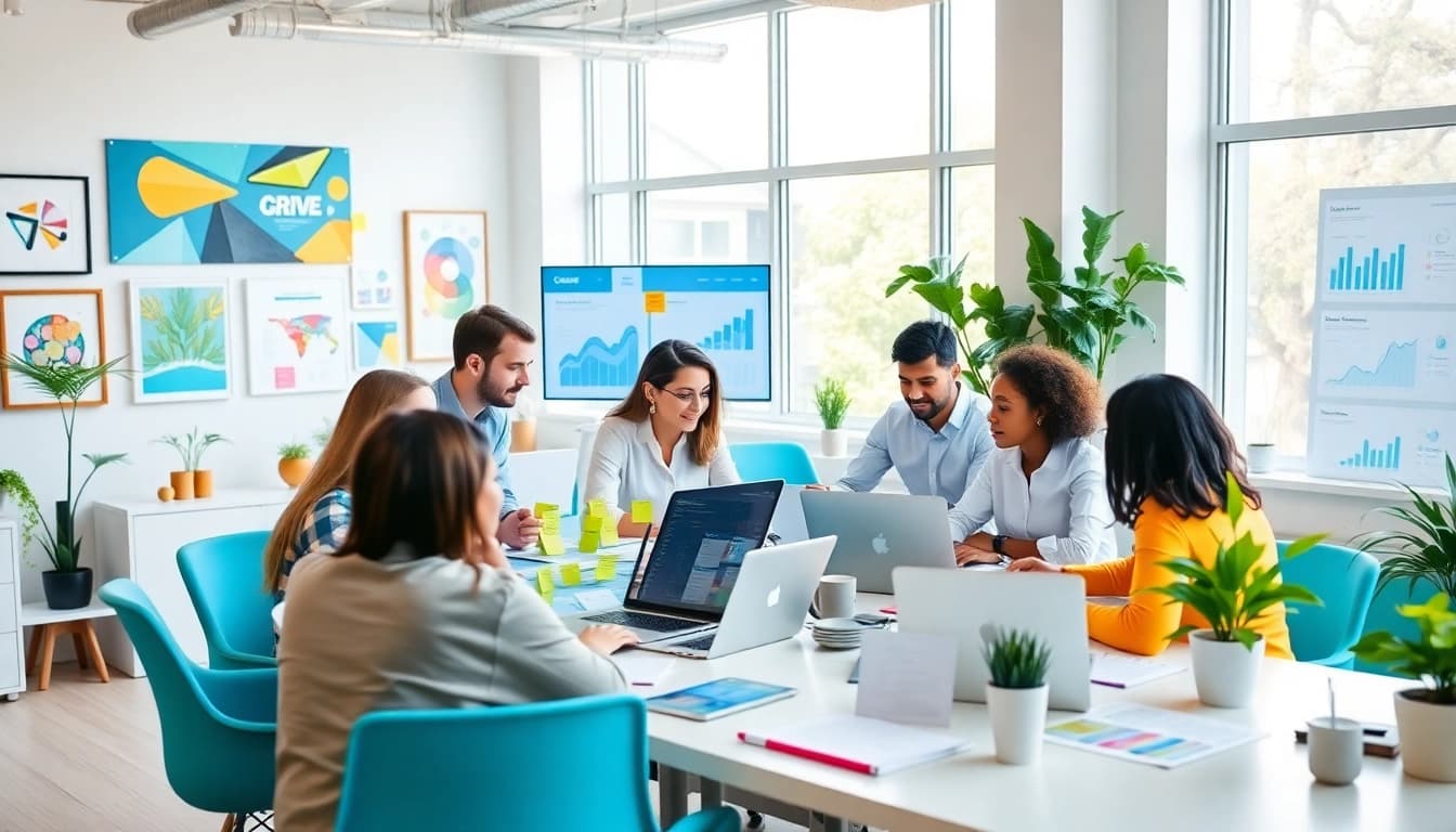 Espacio de trabajo creativo de una agencia de marketing digital que muestra trabajo en equipo e innovación en estrategias digitales.