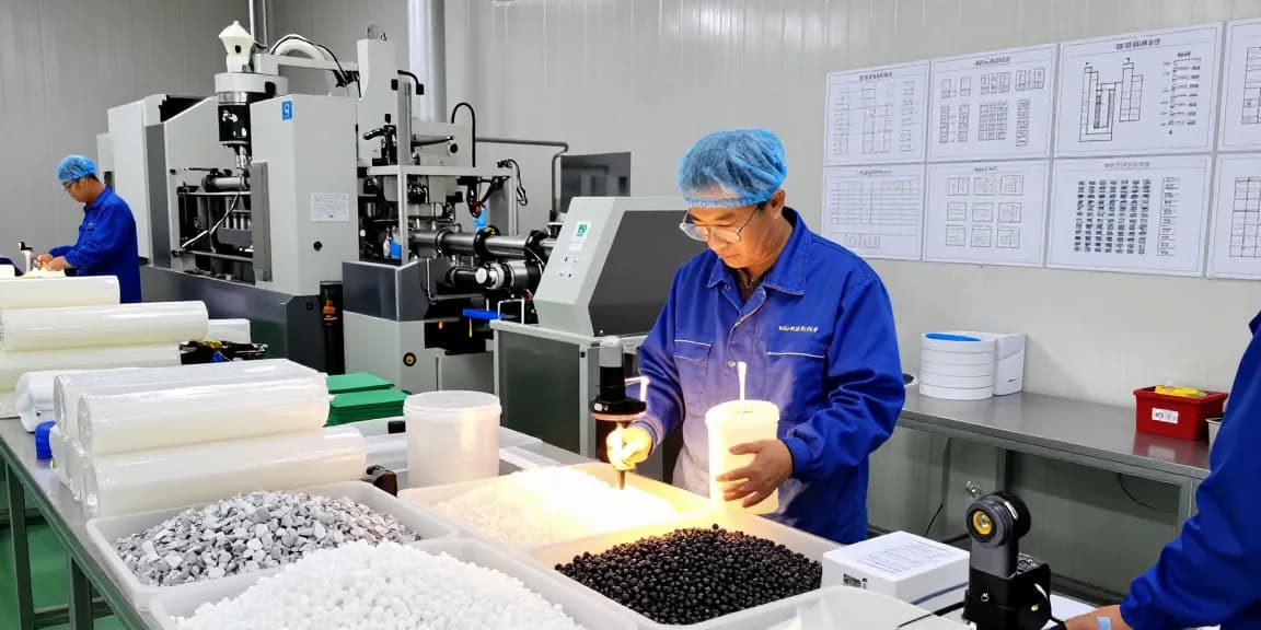 Engineer examining polymer expandable microspheres in a busy manufacturing facility.