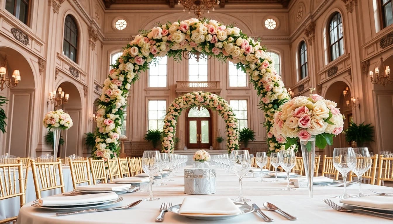 Beautiful wedding setup at the Best Wedding Venue Jacksonville showcasing elegant decorations and floral arrangements.