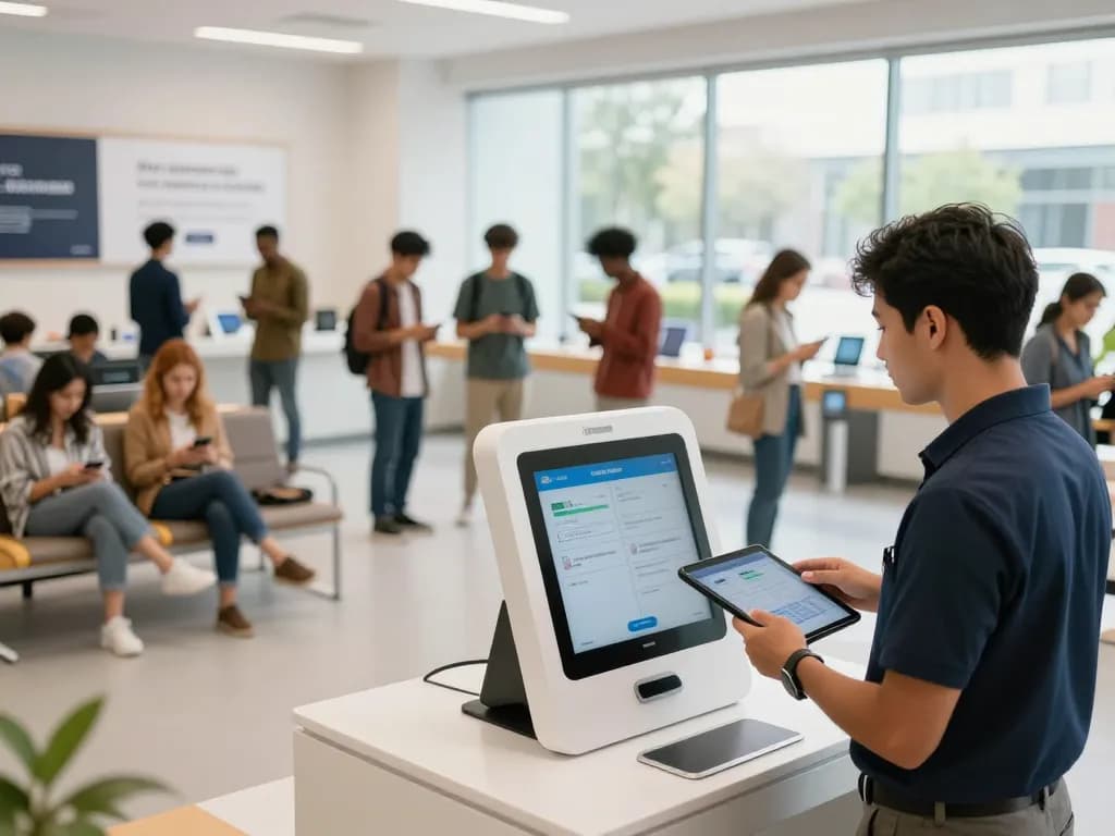 Queue management system in action, assisting customers in a modern retail setting with digital kiosks and real-time updates.