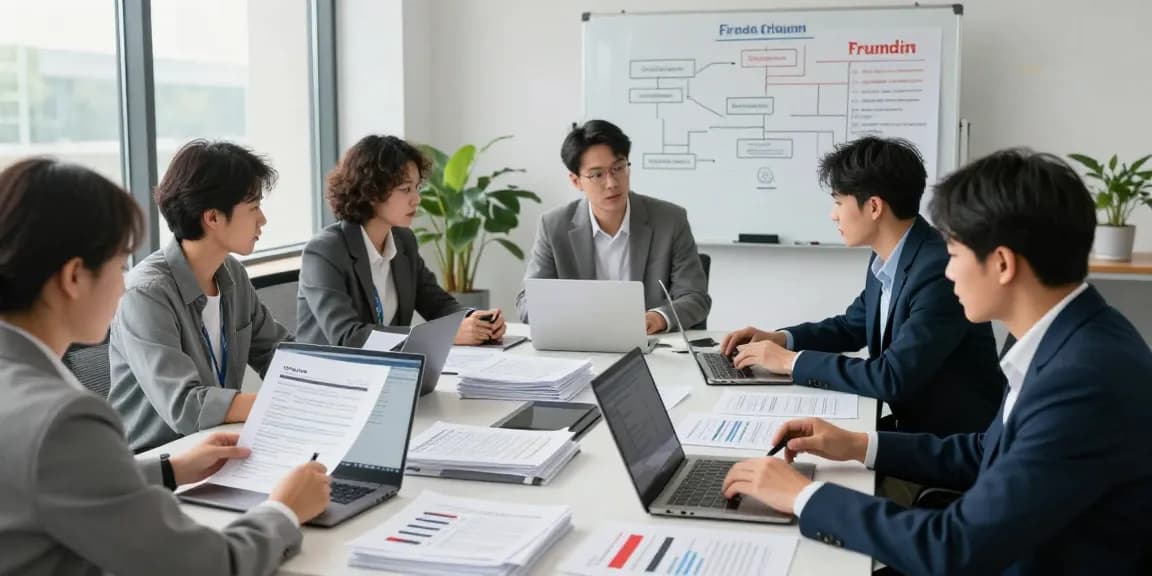 Dynamic team tackling document fraud detection in professional office, showcasing collaborative analysis and strategic planning.