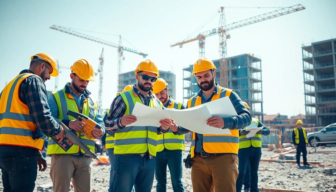 Construction career: workers demonstrating teamwork at a vibrant site with tools and cranes.