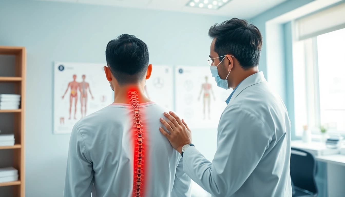 Analyzing back pain causes with healthcare professional in a bright clinic setting.