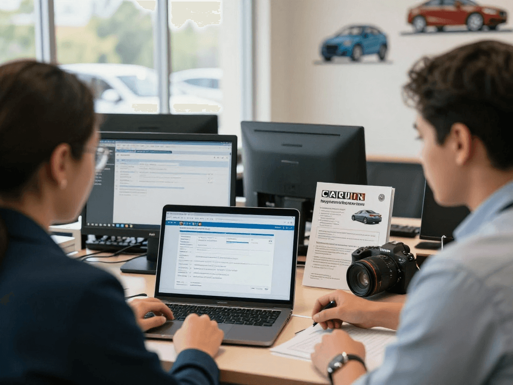 Customer using carfax vin finder at vehicle registration office with staff assistance.