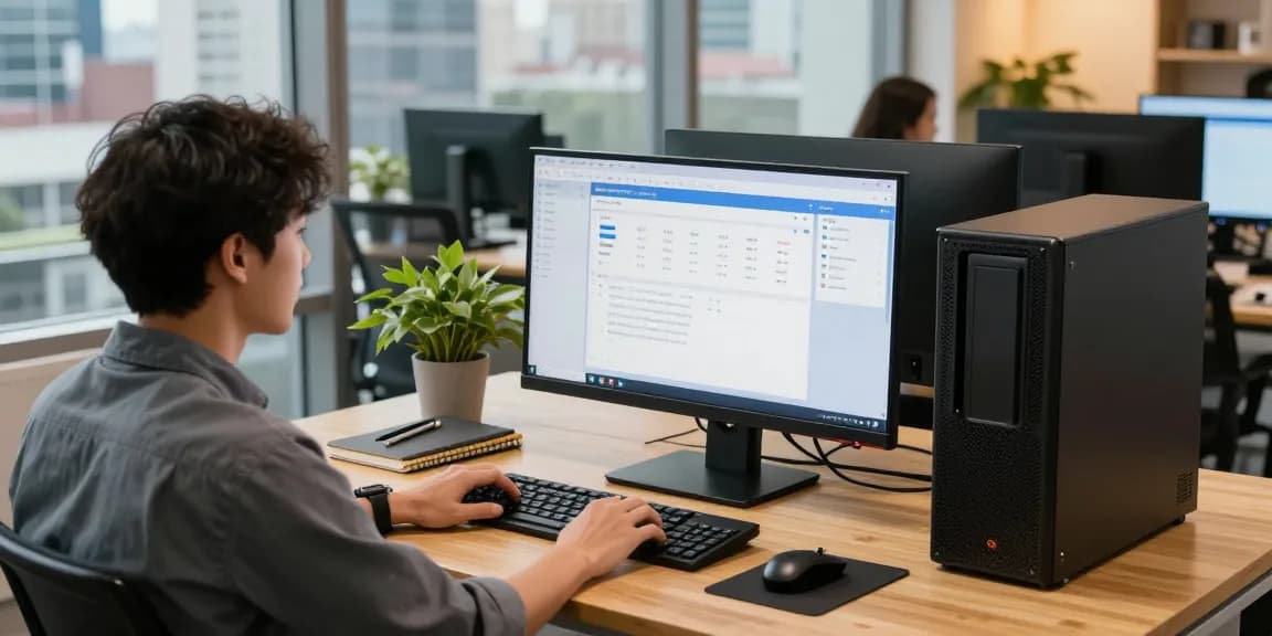 Refurbished pc on a stylish desk with modern accessories and city view.