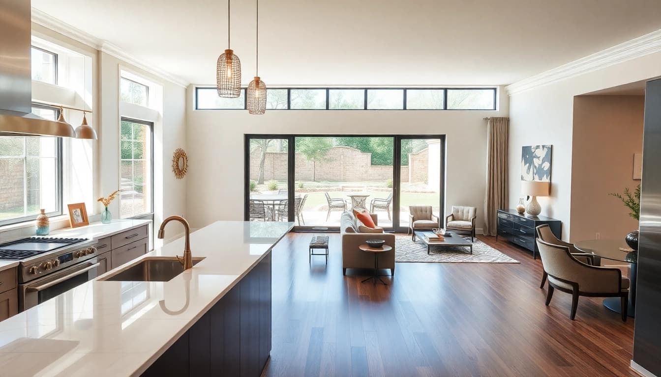 Luxury home remodel Austin featuring a sophisticated kitchen and living room in a spacious layout.