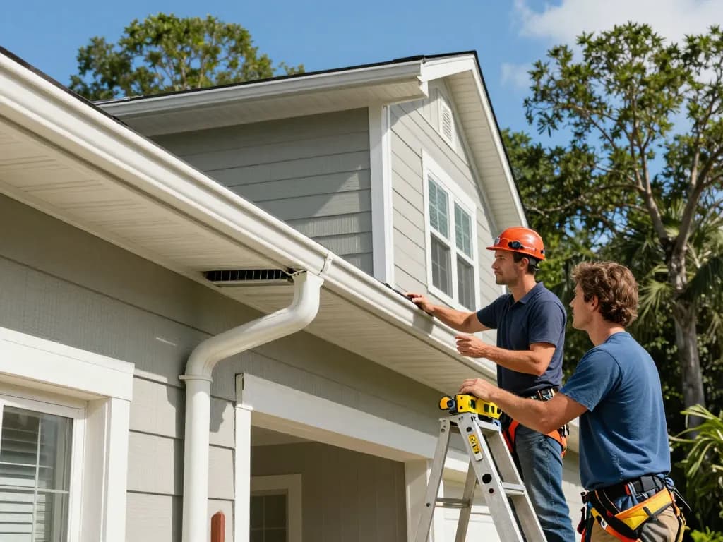 Seamless gutters jacksonville fl installation by a professional contractor on a sunny day.