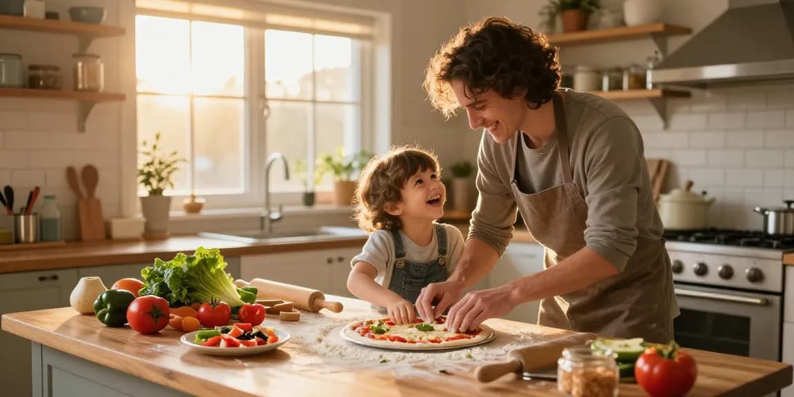 Cooking together at thestorybookstomach.com, a parent and child prepare homemade pizza with fresh ingredients.