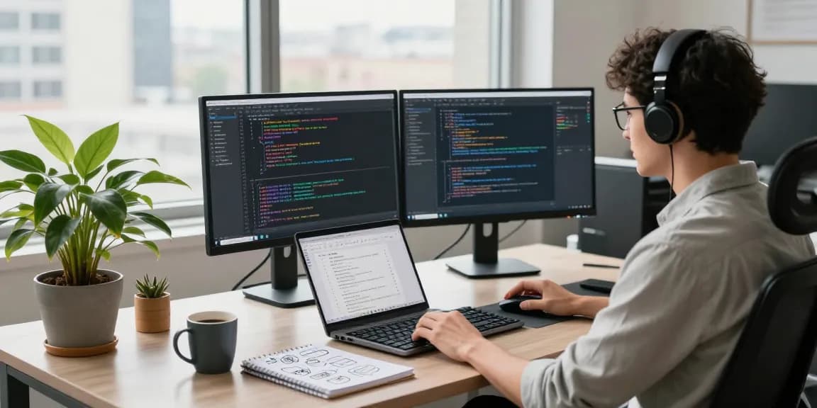 Focused developer using RTI Scheduler in a modern workspace with multiple screens, coding, and project management tools.