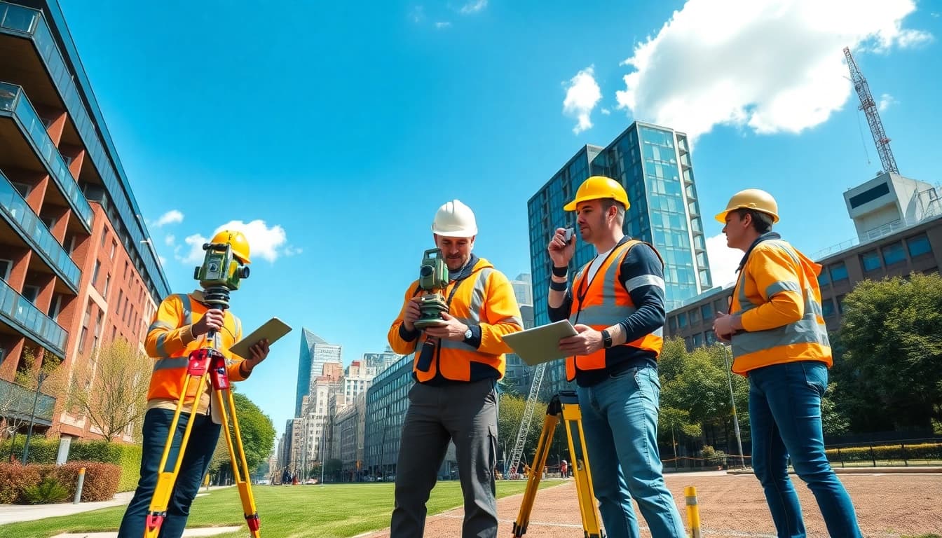 Land surveyors London Surrey using advanced equipment for topographical survey in urban setting.